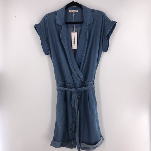 Etienne Marcel Blue Chambray Romper w Pockets - Picture 2 of 14